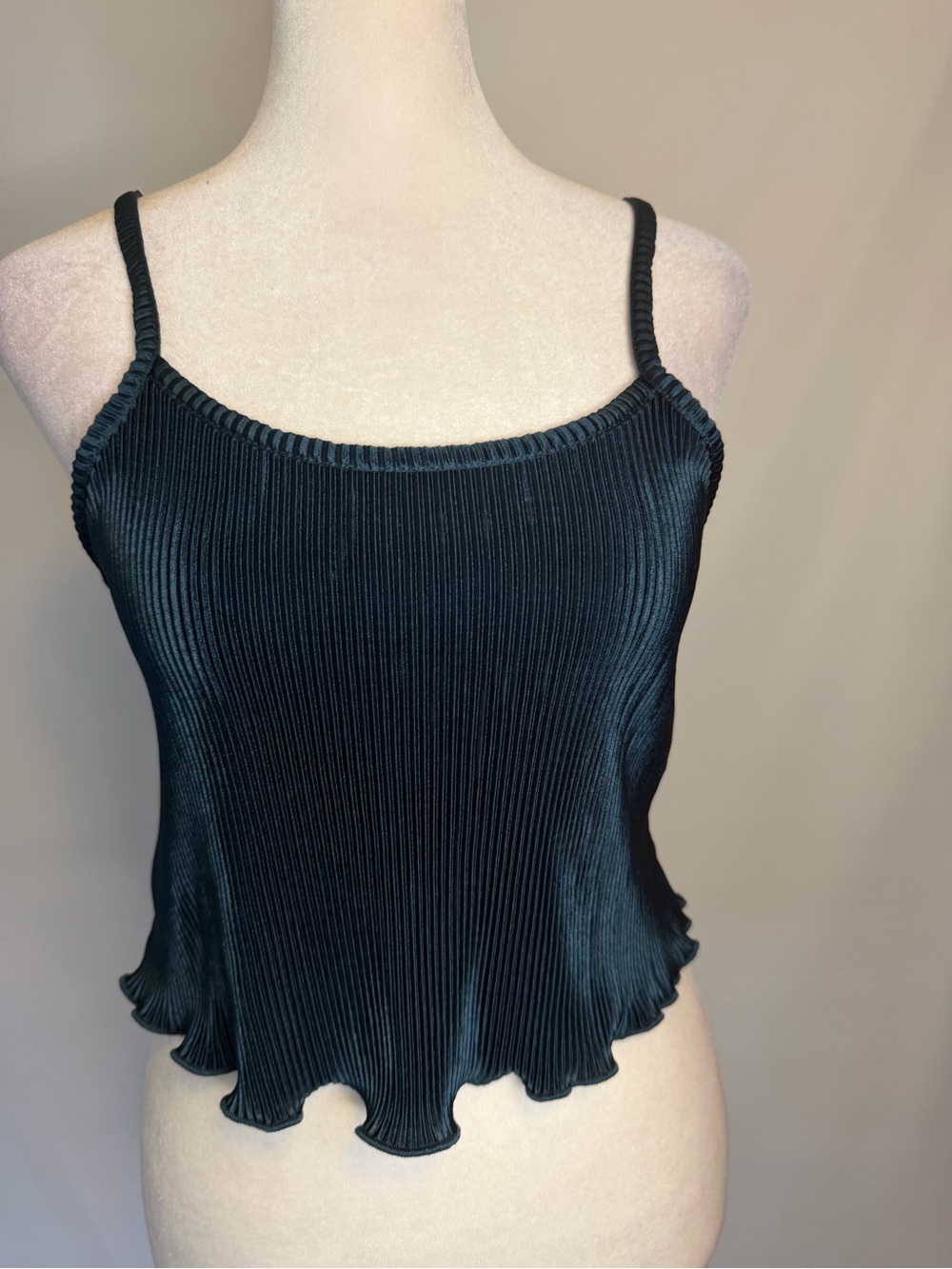 Emerald Green Pleated Spaghetti-Strap Tank, Ribbed, Lettuce Curl Hem